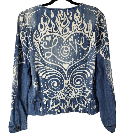Kardashian Kollection Womens XL Denim Jacket With White Boho Print & Zipper Clos - Picture 2 of 16